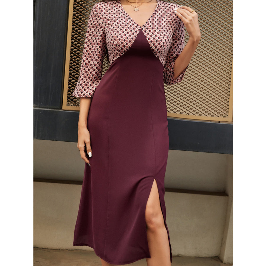 Slit V-Neck Three-Quarter Sleeve Midi Dress Apparel and Accessories