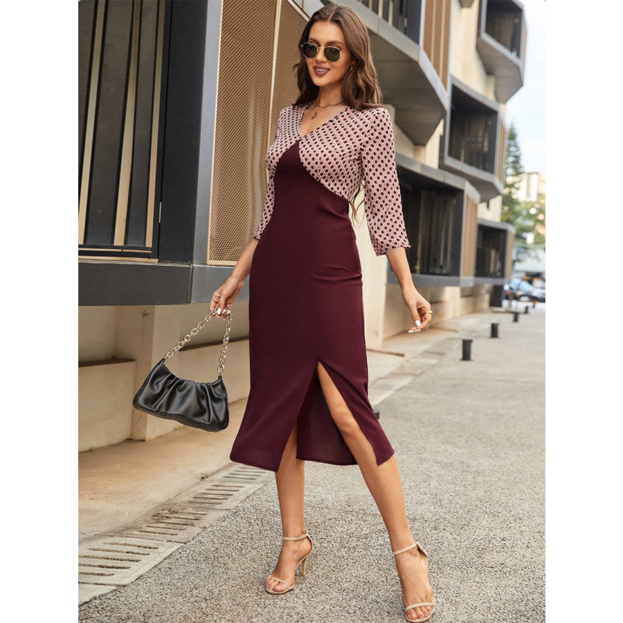 Slit V-Neck Three-Quarter Sleeve Midi Dress Apparel and Accessories