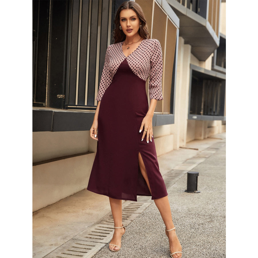 Slit V-Neck Three-Quarter Sleeve Midi Dress Apparel and Accessories