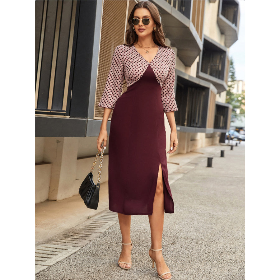 Slit V-Neck Three-Quarter Sleeve Midi Dress Burgundy / S Apparel and Accessories