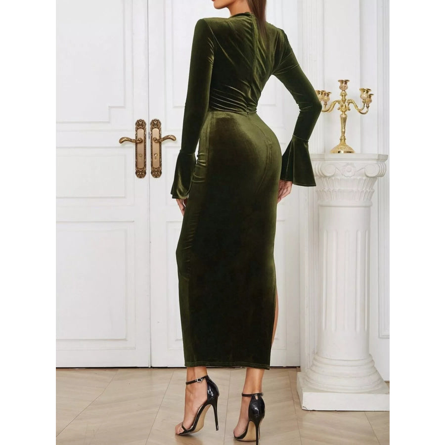 Slit Velvet Ruched Bodycon Midi Dress Apparel and Accessories