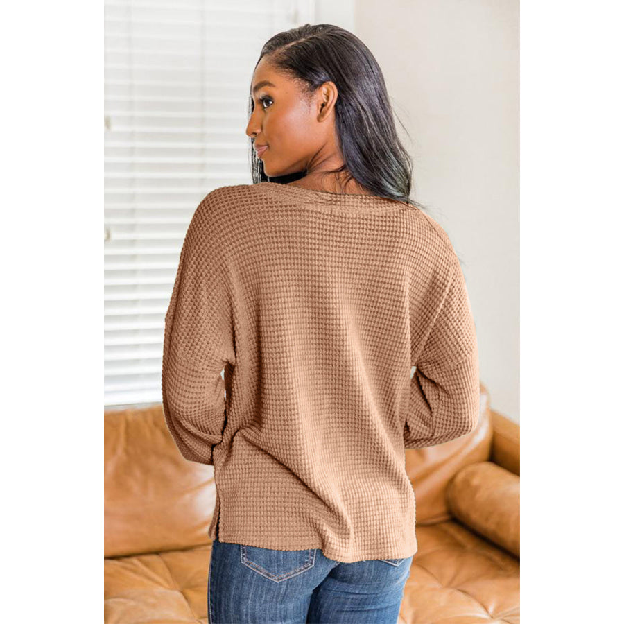 Slit Waffle Knit Long Sleeve T-Shirt Apparel and Accessories