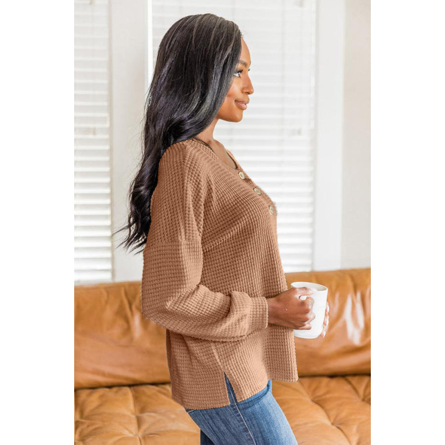 Slit Waffle Knit Long Sleeve T-Shirt Apparel and Accessories