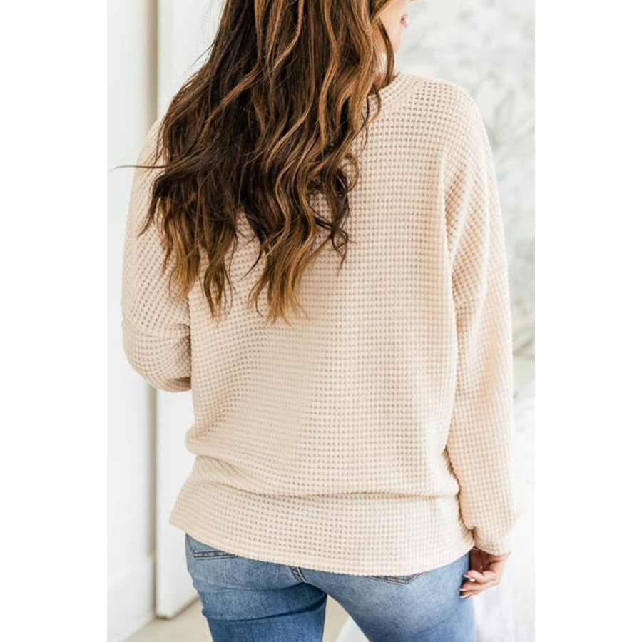 Slit Waffle Knit Long Sleeve T-Shirt Cream / S Apparel and Accessories