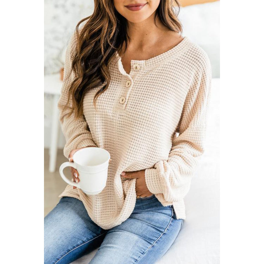 Slit Waffle Knit Long Sleeve T-Shirt Apparel and Accessories