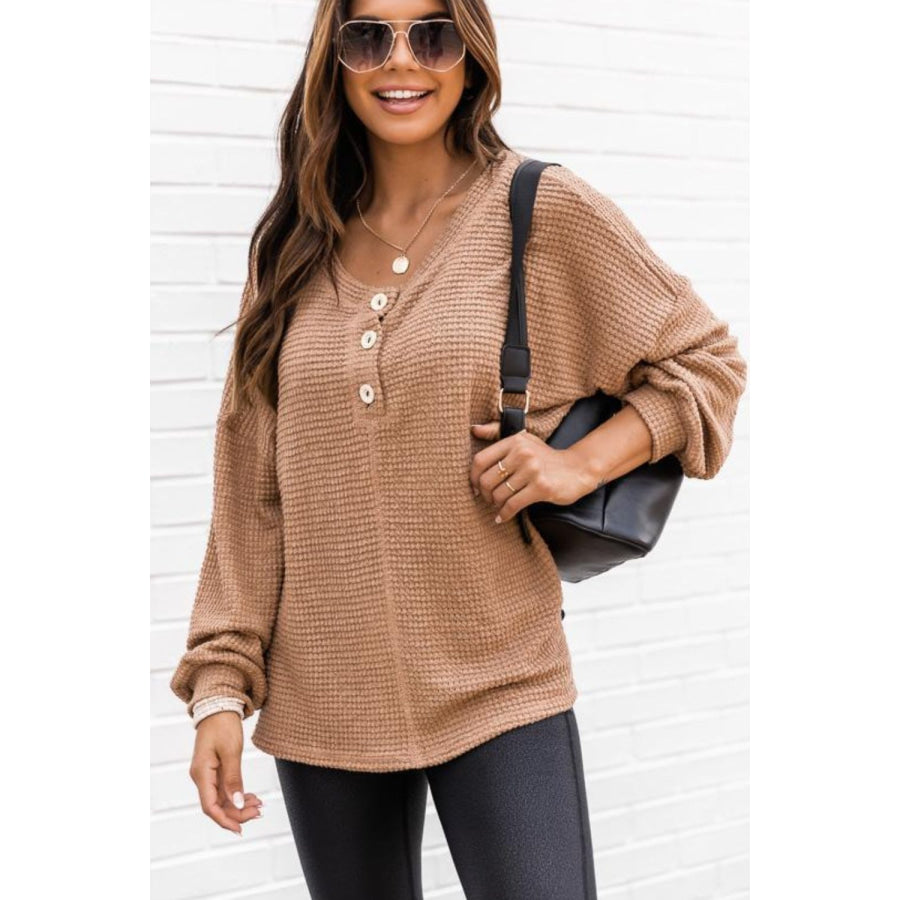 Slit Waffle Knit Long Sleeve T-Shirt Camel / S Apparel and Accessories