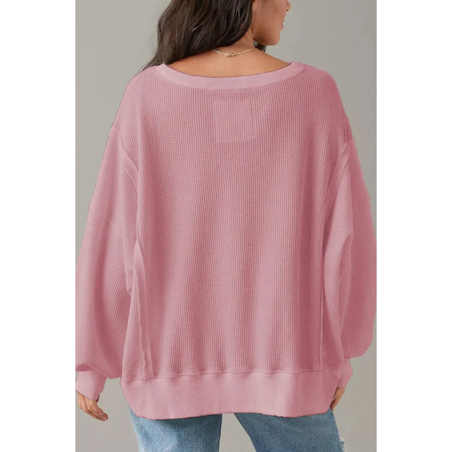 Slit Waffle-Knit Round Neck Long Sleeve Top Apparel and Accessories