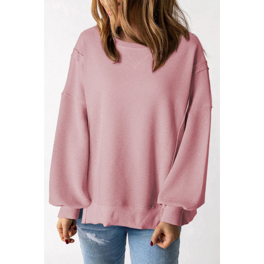 Slit Waffle-Knit Round Neck Long Sleeve Top Apparel and Accessories