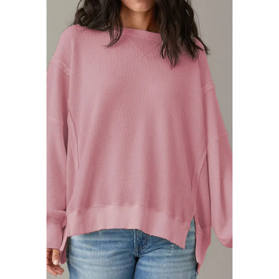 Slit Waffle-Knit Round Neck Long Sleeve Top Dusty Pink / S Apparel and Accessories