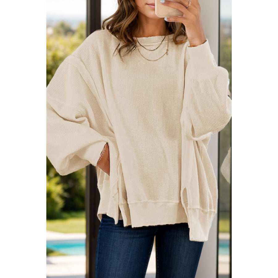 Slit Waffle-Knit Round Neck Long Sleeve Top Ivory / S Apparel and Accessories