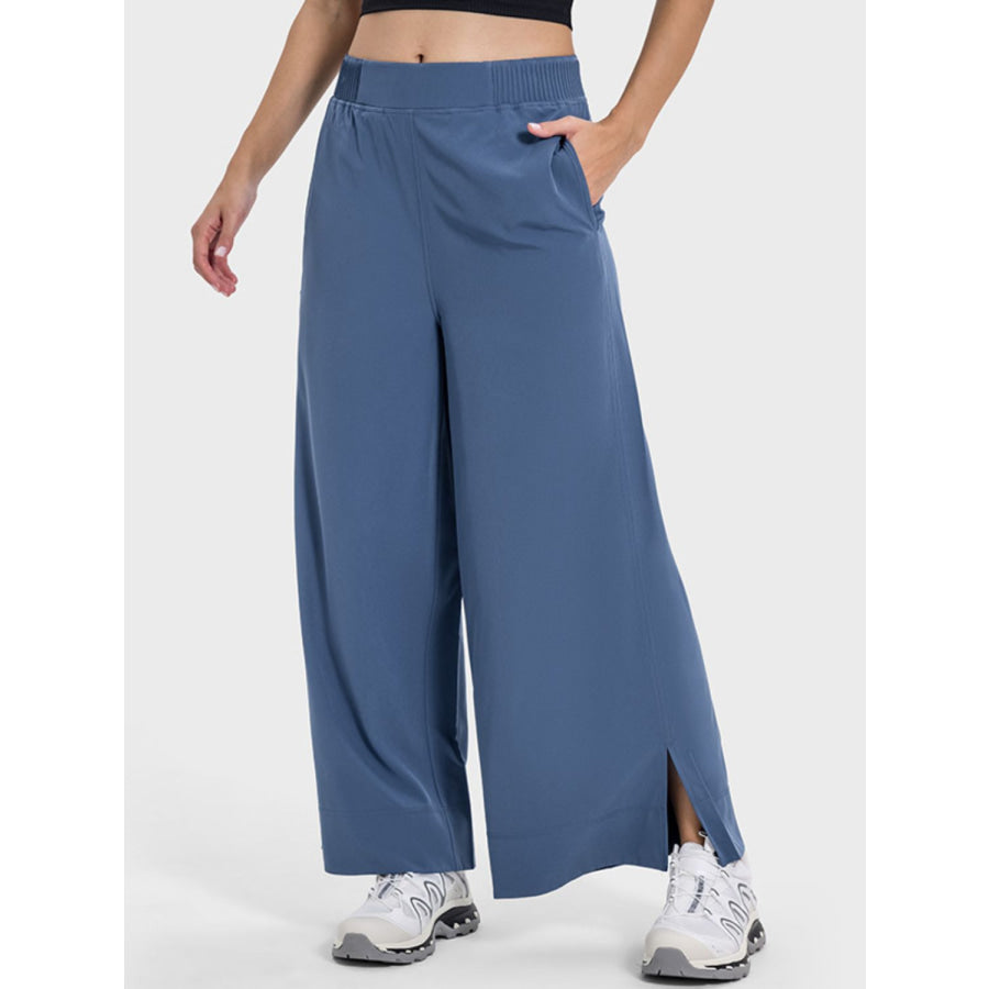 Slit Wide Leg Active Pants Dusty Blue / 4 Apparel and Accessories