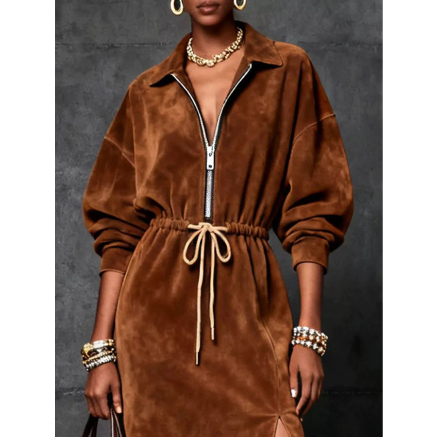 Slit Zip-Front Drawstring Midi Dress Brown / S Apparel and Accessories