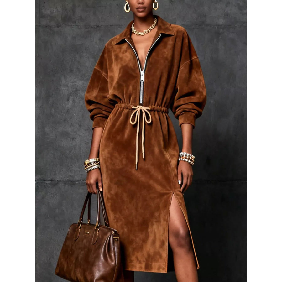 Slit Zip-Front Drawstring Midi Dress Brown / S Apparel and Accessories