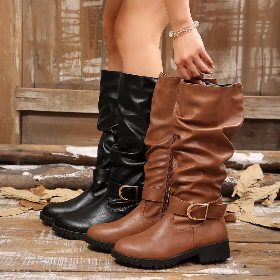 Slouchy Mid-Calf Boots with Buckle Detail Apparel and Accessories