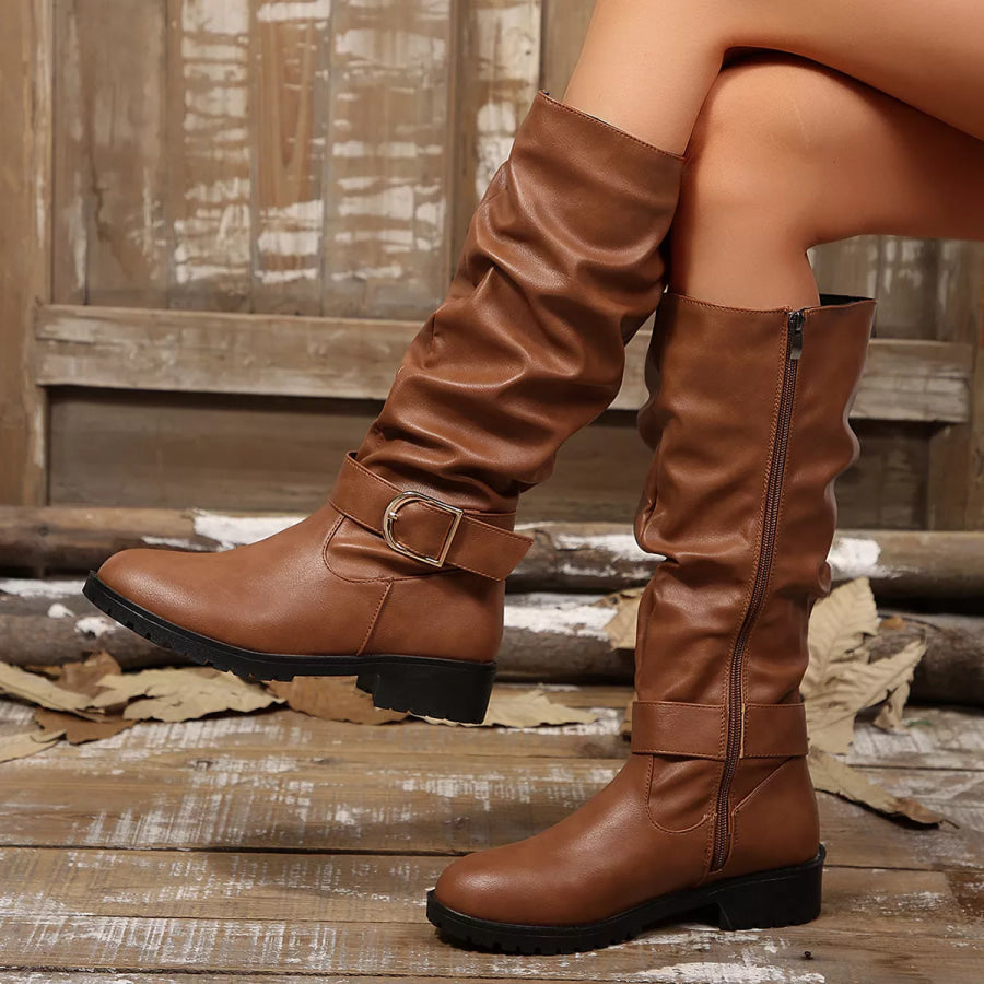 Slouchy Mid-Calf Boots with Buckle Detail Apparel and Accessories