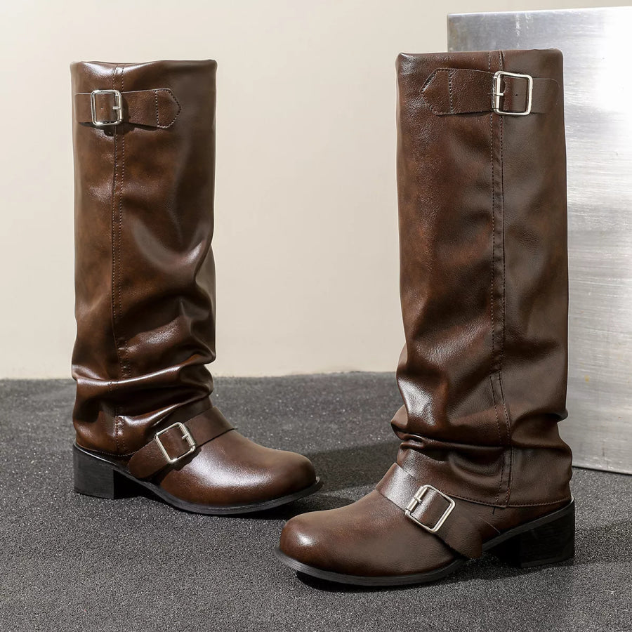 Slouchy Mid-Calf Boots with Buckle Straps Apparel and Accessories