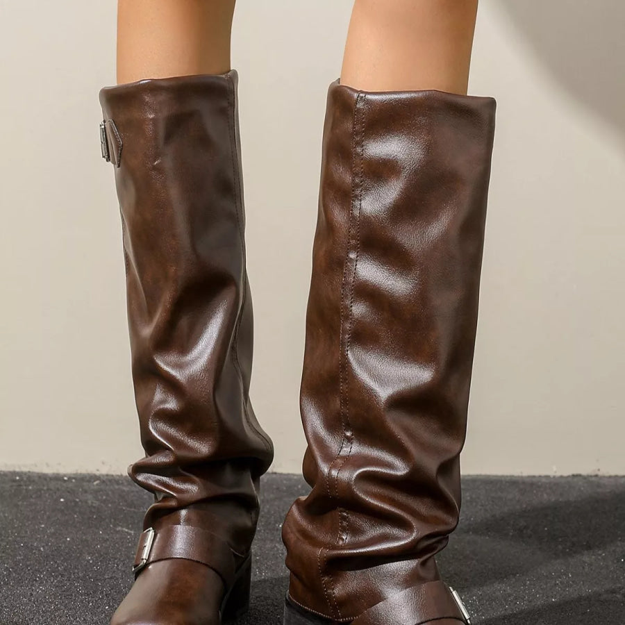 Slouchy Mid-Calf Boots with Buckle Straps Apparel and Accessories
