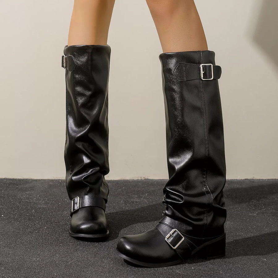 Slouchy Mid-Calf Boots with Buckle Straps Black / 36 Apparel and Accessories
