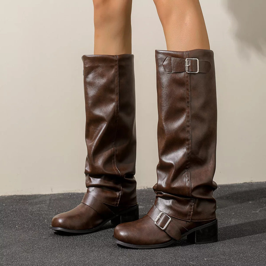Slouchy Mid-Calf Boots with Buckle Straps Brown / 36 Apparel and Accessories