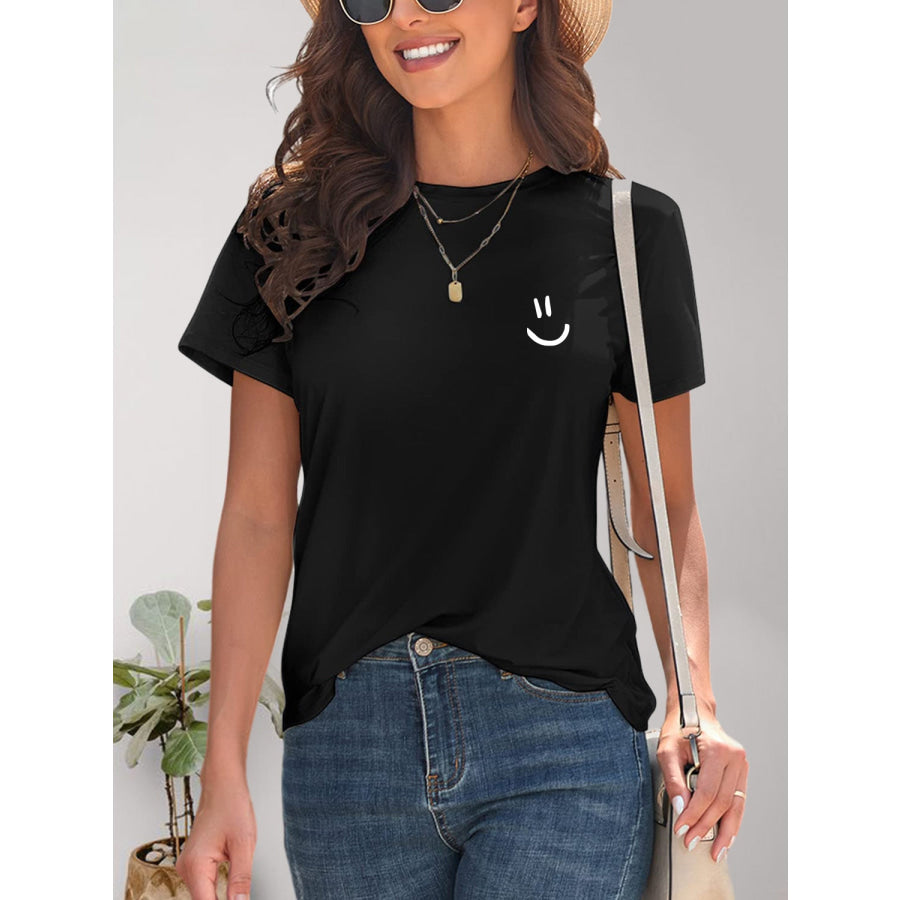 Smile Graphic Round Neck Short Sleeve T - Shirt Apparel and Accessories