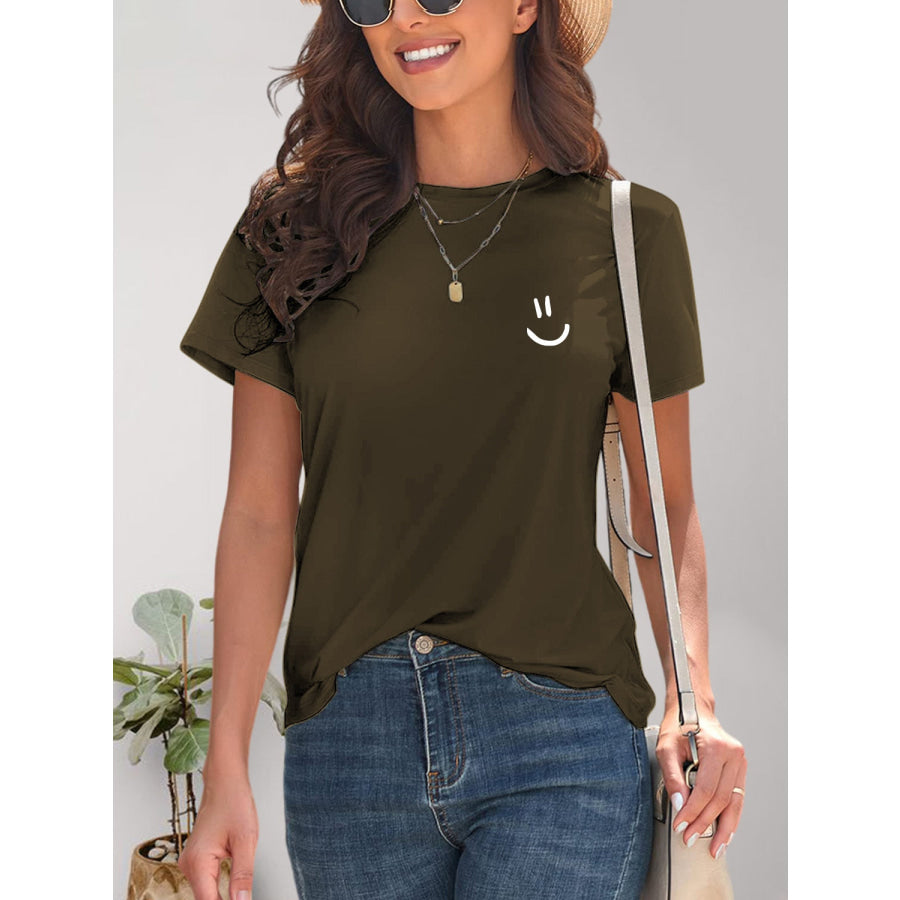 Smile Graphic Round Neck Short Sleeve T - Shirt Army Green / S Apparel and Accessories