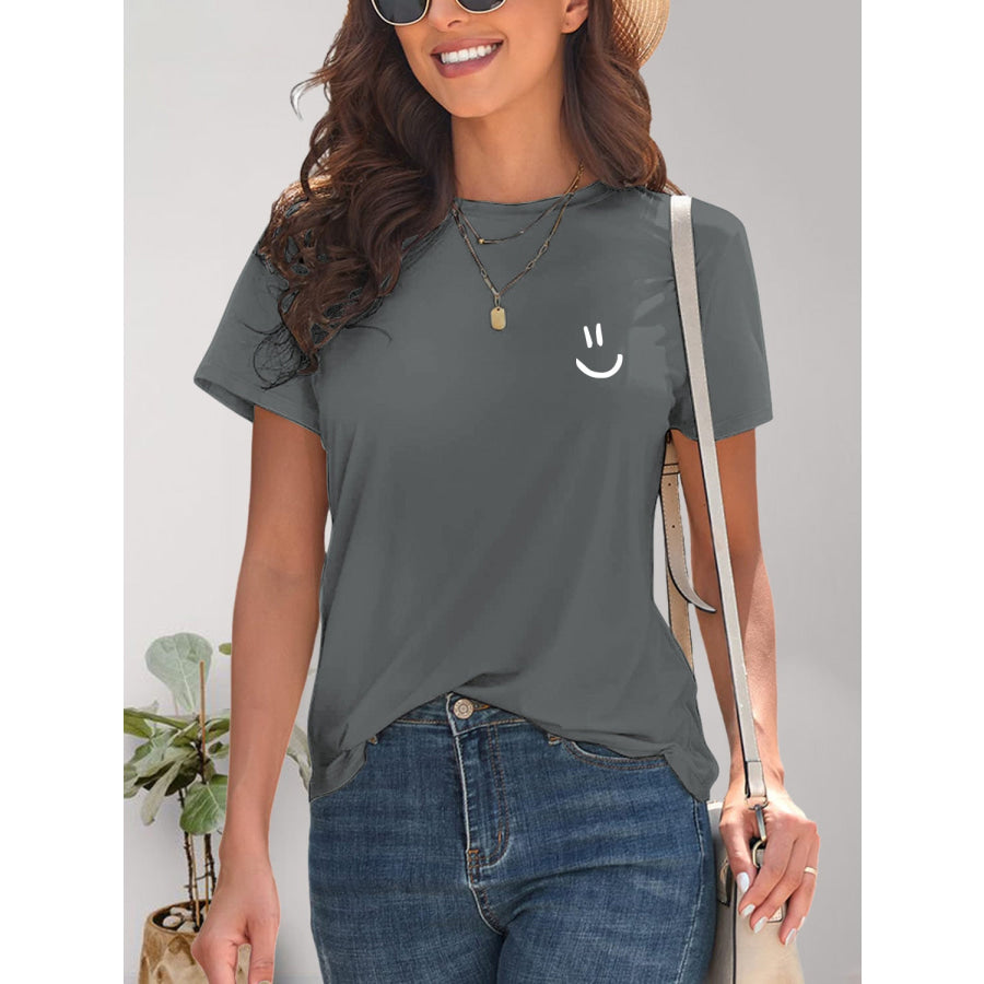 Smile Graphic Round Neck Short Sleeve T - Shirt Charcoal / S Apparel and Accessories