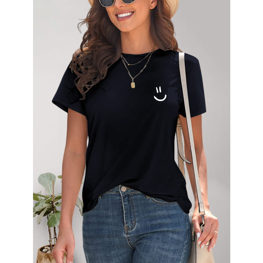 Smile Graphic Round Neck Short Sleeve T - Shirt Dark Navy / S Apparel and Accessories