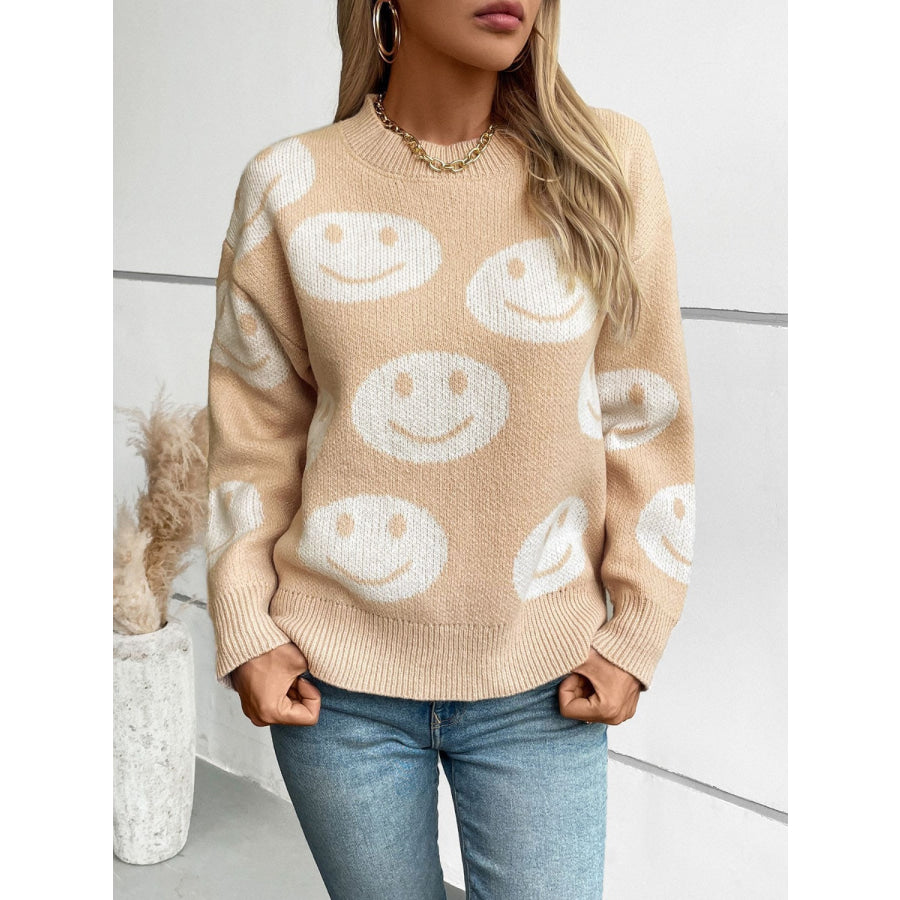 Smile Pattern Round Neck Long Sleeve Sweater Apparel and Accessories