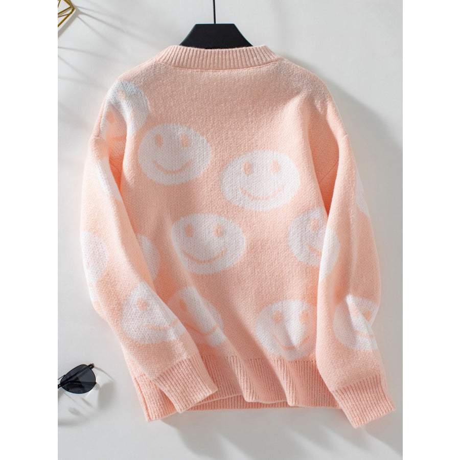 Smile Pattern Round Neck Long Sleeve Sweater Apparel and Accessories