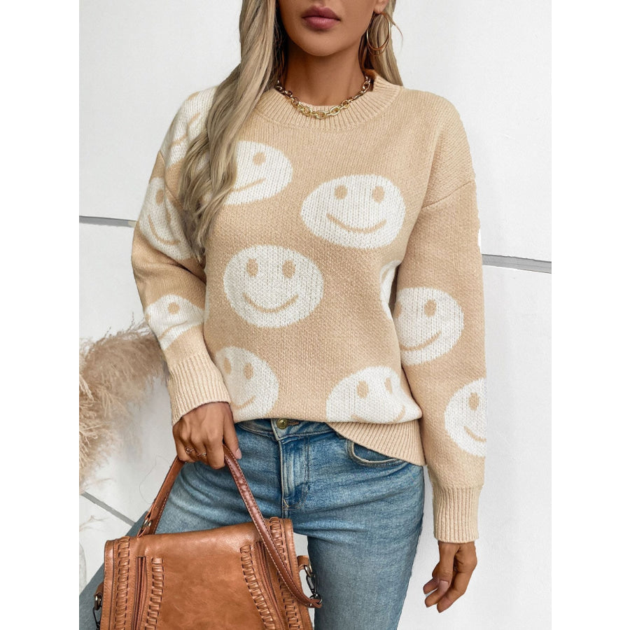 Smile Pattern Round Neck Long Sleeve Sweater Apparel and Accessories