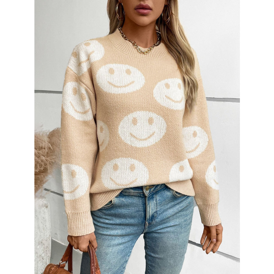 Smile Pattern Round Neck Long Sleeve Sweater Apparel and Accessories