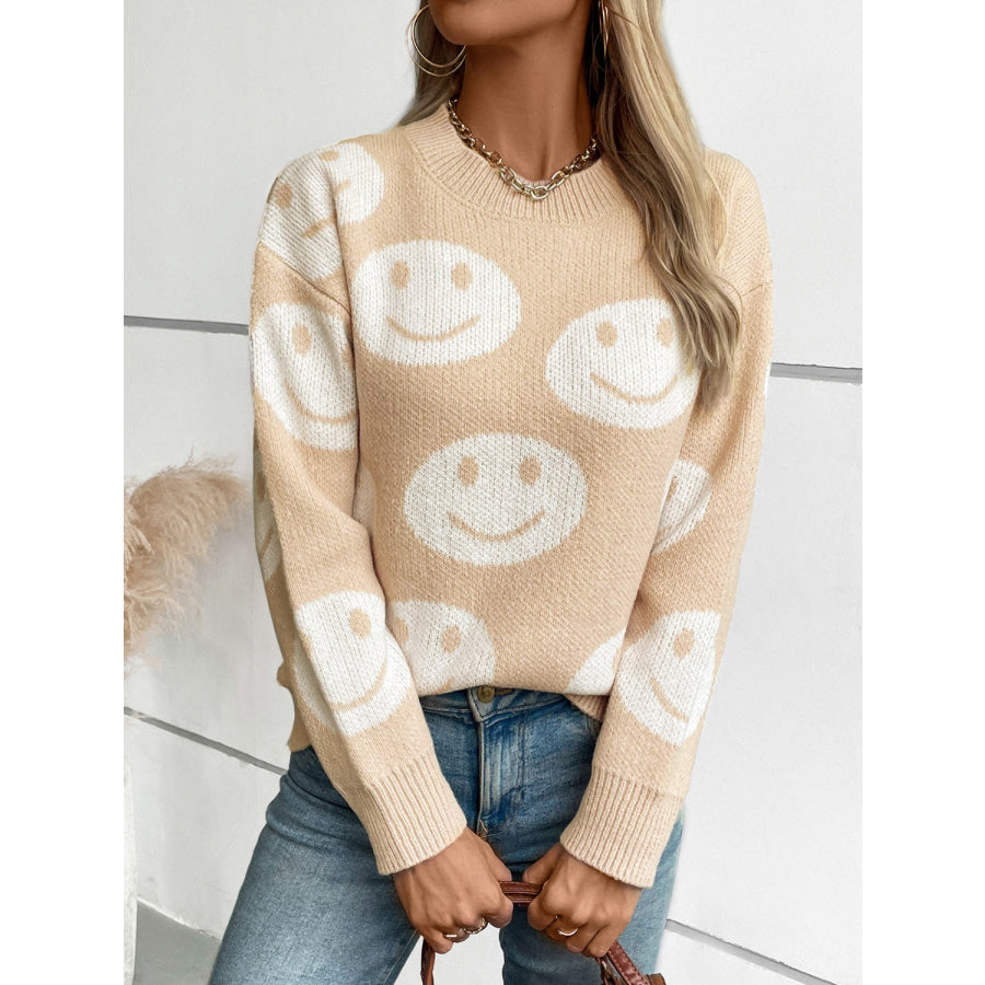 Smile Pattern Round Neck Long Sleeve Sweater Apparel and Accessories