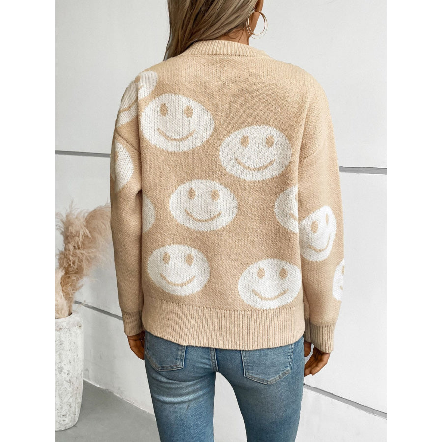 Smile Pattern Round Neck Long Sleeve Sweater Tan / S Apparel and Accessories