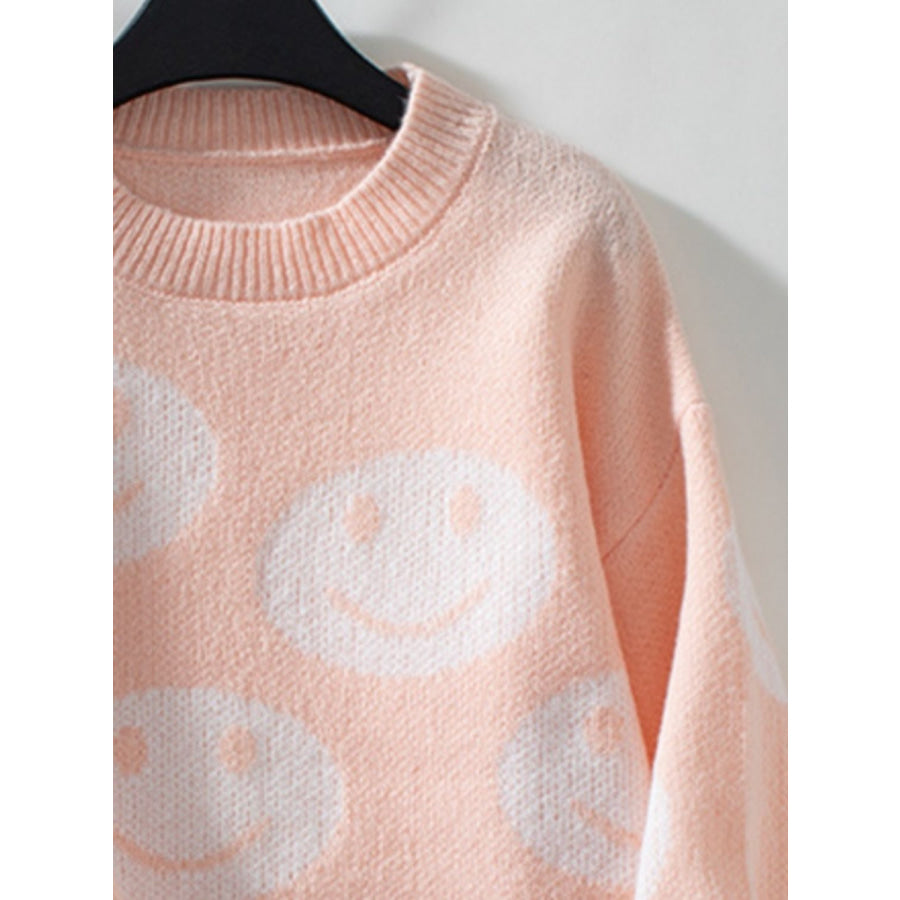 Smile Pattern Round Neck Long Sleeve Sweater Apparel and Accessories