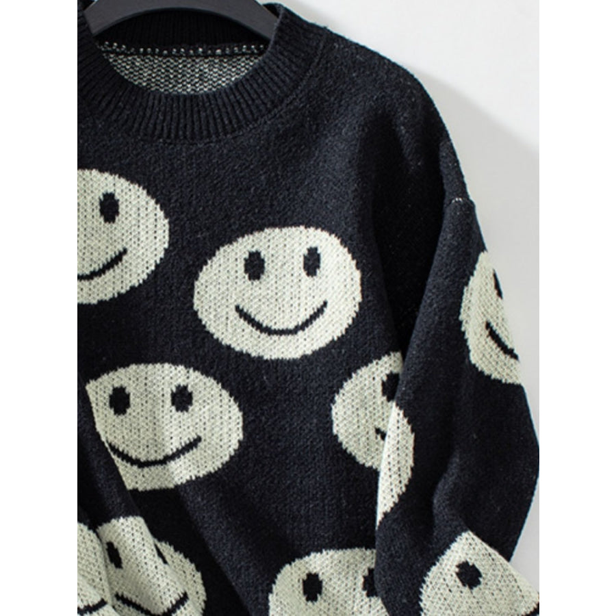 Smile Pattern Round Neck Long Sleeve Sweater Apparel and Accessories