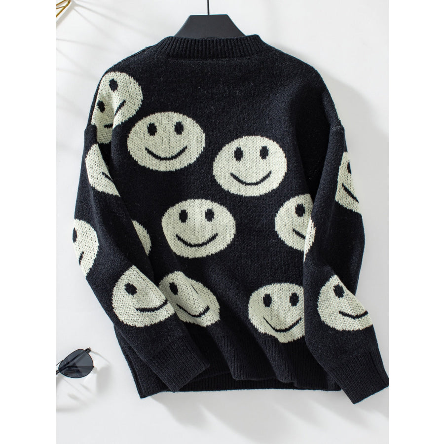 Smile Pattern Round Neck Long Sleeve Sweater Apparel and Accessories