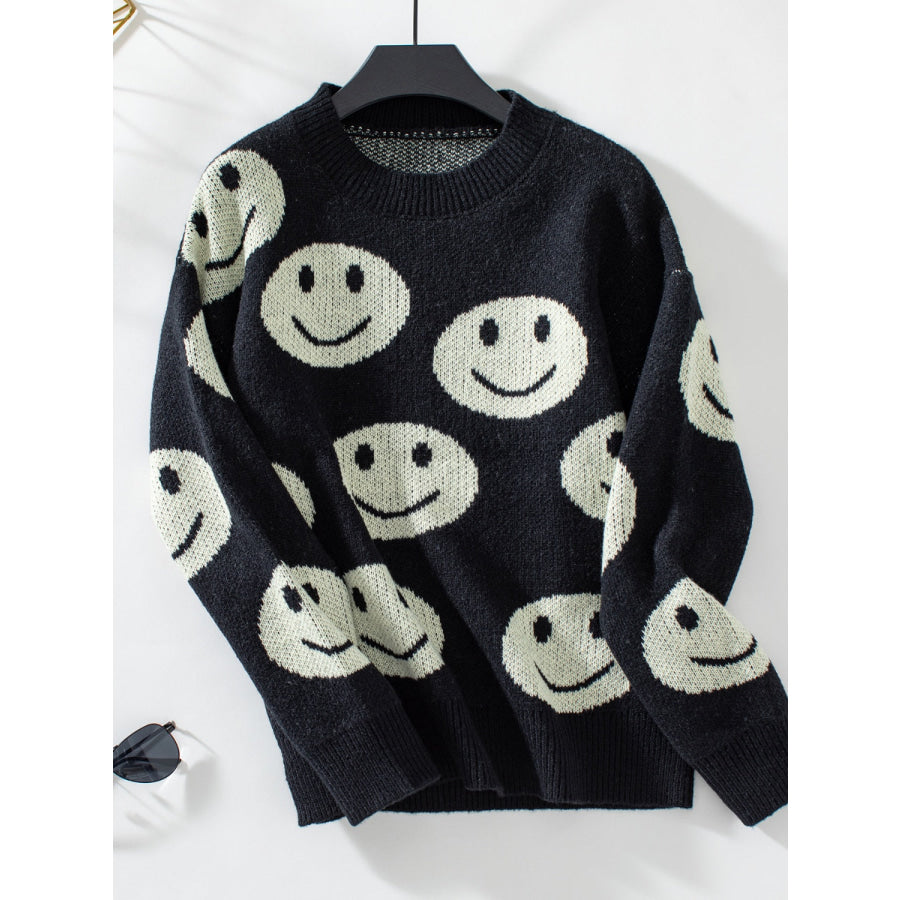 Smile Pattern Round Neck Long Sleeve Sweater Black / S Apparel and Accessories