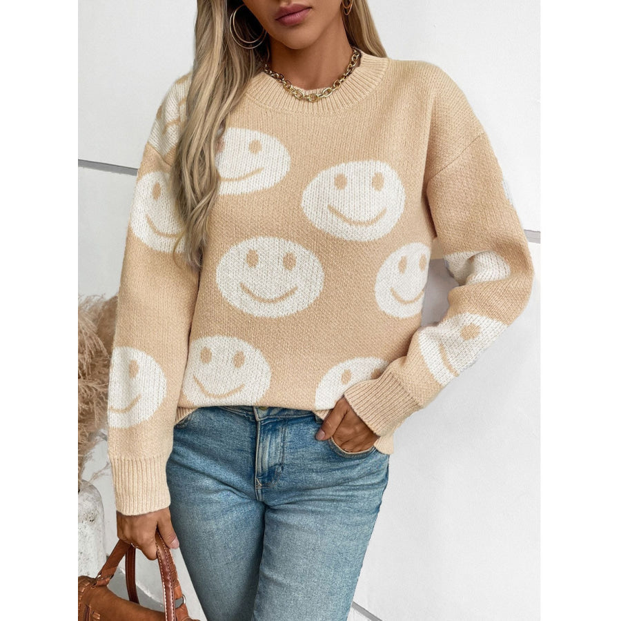 Smile Pattern Round Neck Long Sleeve Sweater Tan / S Apparel and Accessories