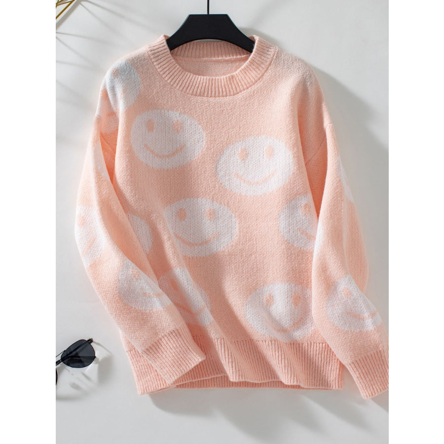 Smile Pattern Round Neck Long Sleeve Sweater Watermelon pink / S Apparel and Accessories