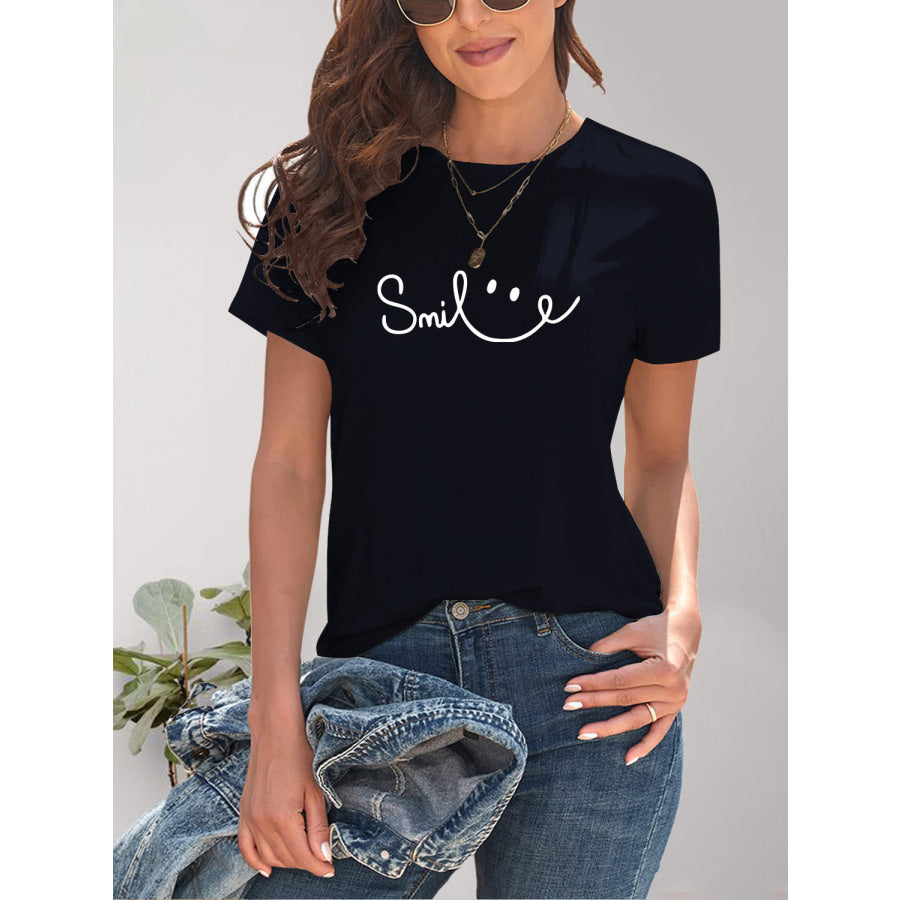 SMILE Round Neck Short Sleeve T-Shirt Dark Navy / S Apparel and Accessories