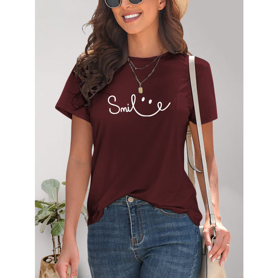 SMILE Round Neck Short Sleeve T-Shirt Wine / S Apparel and Accessories