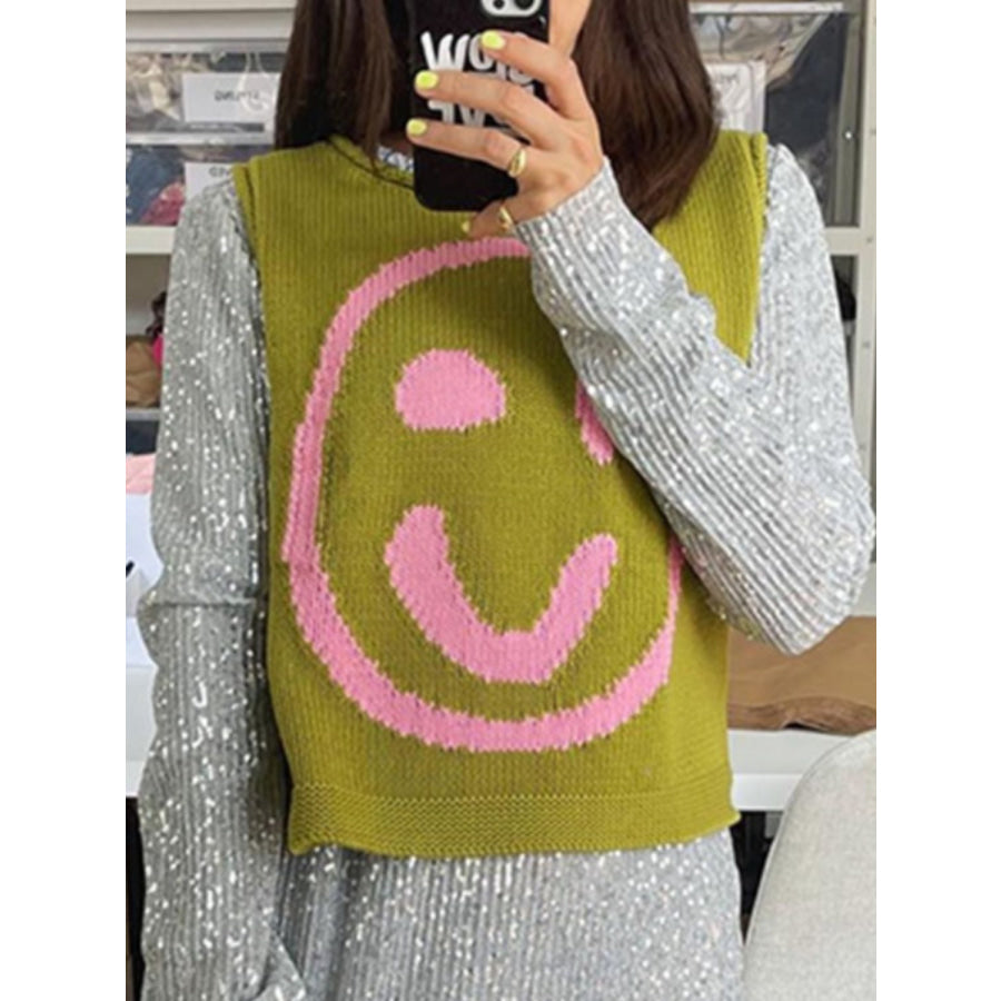 Smiley Round Neck Sweater Vest Apparel and Accessories