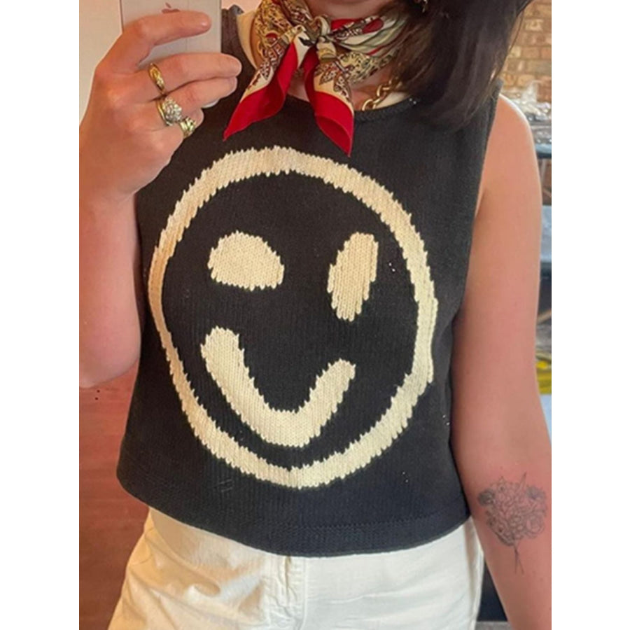 Smiley Round Neck Sweater Vest Apparel and Accessories