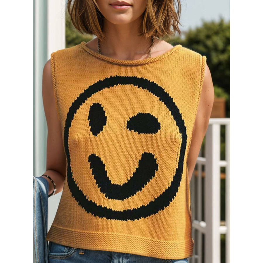 Smiley Round Neck Sweater Vest Mustard / S Apparel and Accessories