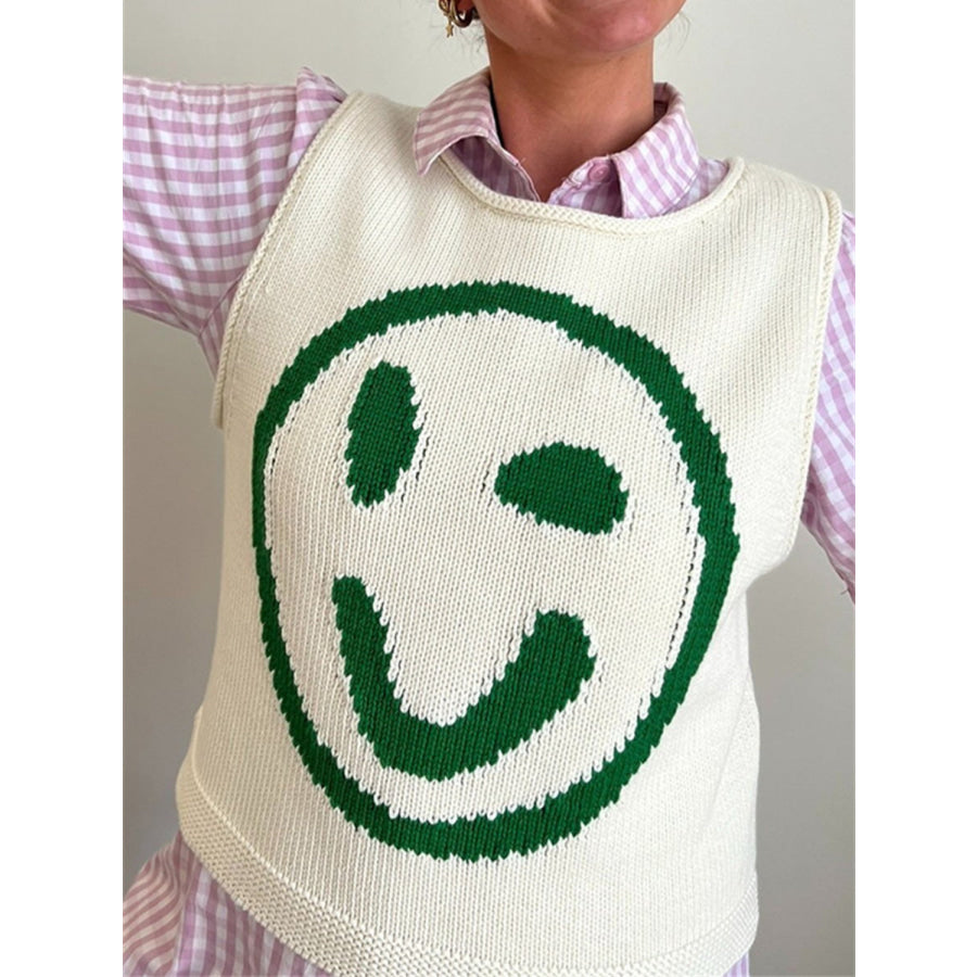 Smiley Round Neck Sweater Vest Beige / S Apparel and Accessories