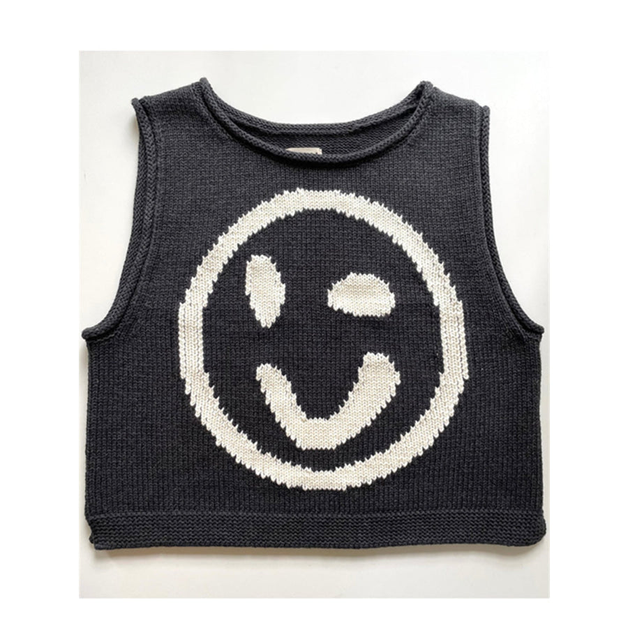 Smiley Round Neck Sweater Vest Black / S Apparel and Accessories