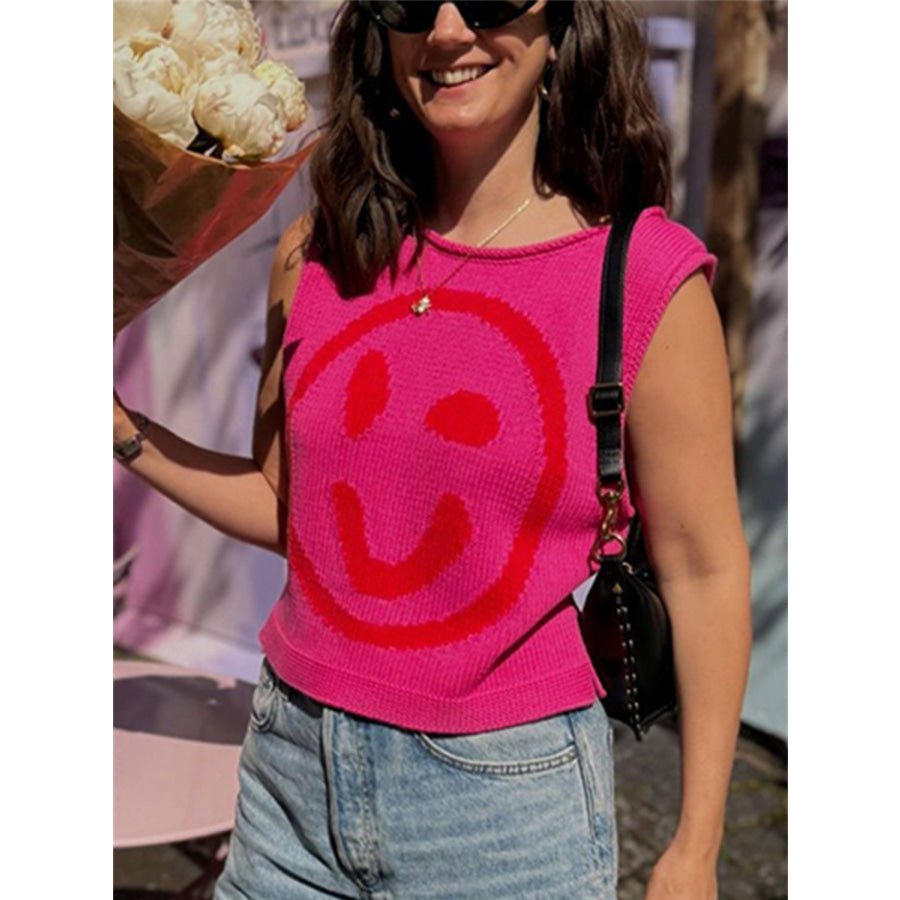 Smiley Round Neck Sweater Vest Deep Rose / S Apparel and Accessories