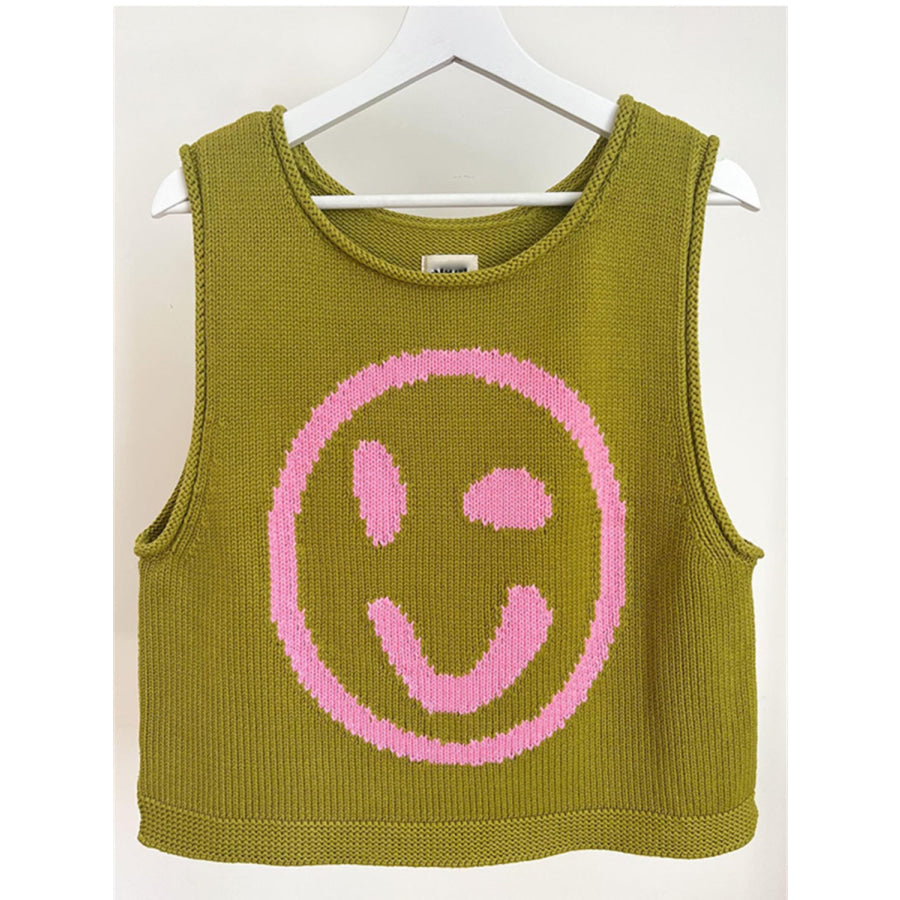 Smiley Round Neck Sweater Vest Olive / S Apparel and Accessories