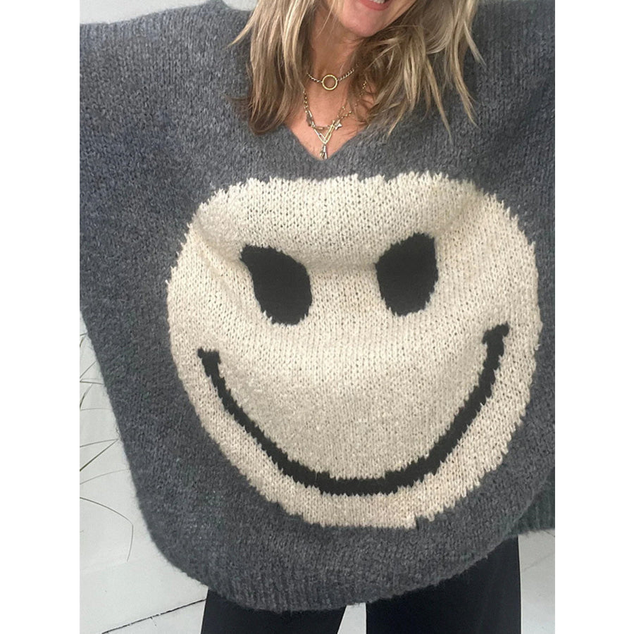 Smiling Face V-Neck Long Sleeve Sweater Apparel and Accessories