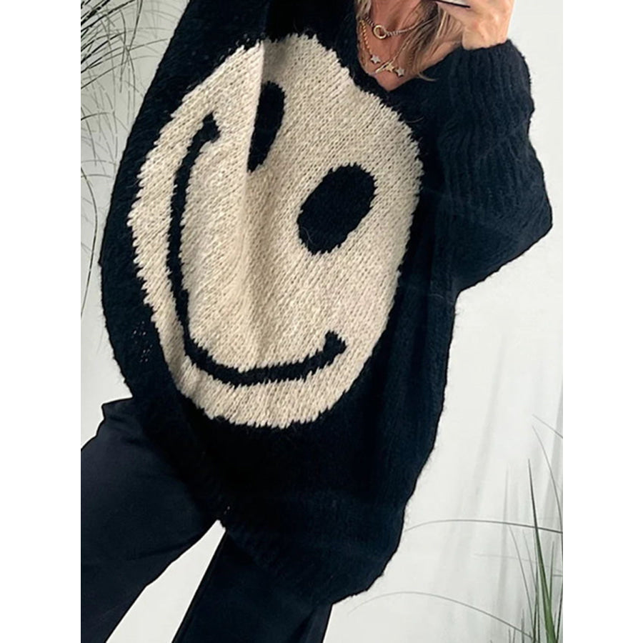 Smiling Face V-Neck Long Sleeve Sweater Black / S /M Apparel and Accessories